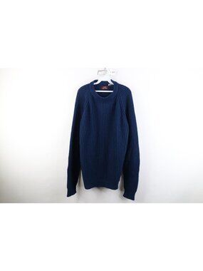 Vintage 70s Macys Chunky Ribbed Knit Crewneck Sweater Mens Size XL Blue Faded